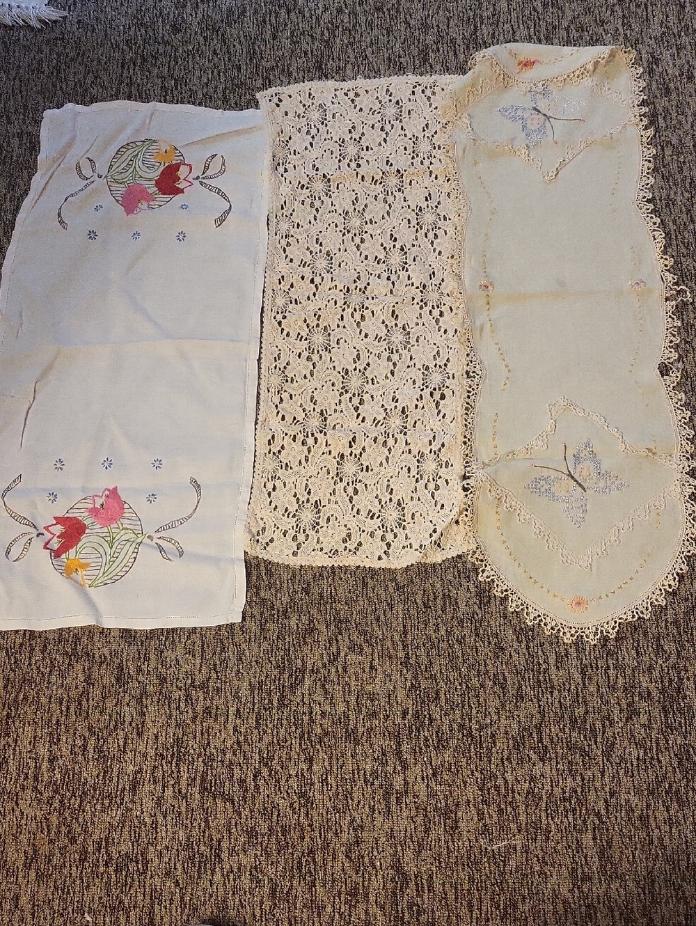 Set of 3 Vintage Lace & Embroidered Table Runners - Cream & White